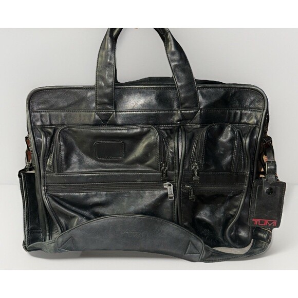 TUMI Expandable Multi Compartment Black Leather Laptop Computer Bag Work Travel - Picture 1 of 15